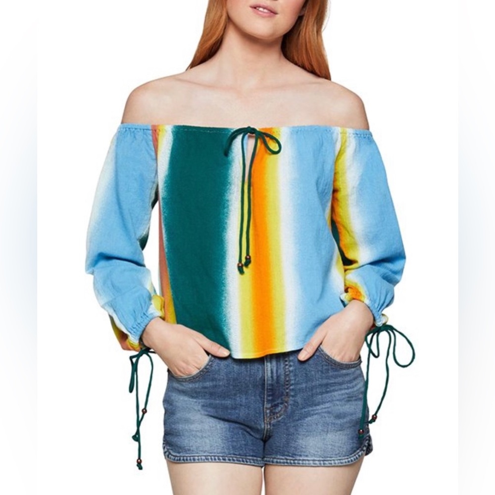 BCBGeneration Blue Multicolor Stripe Off-Shoulder Woman and Juniors Shirt